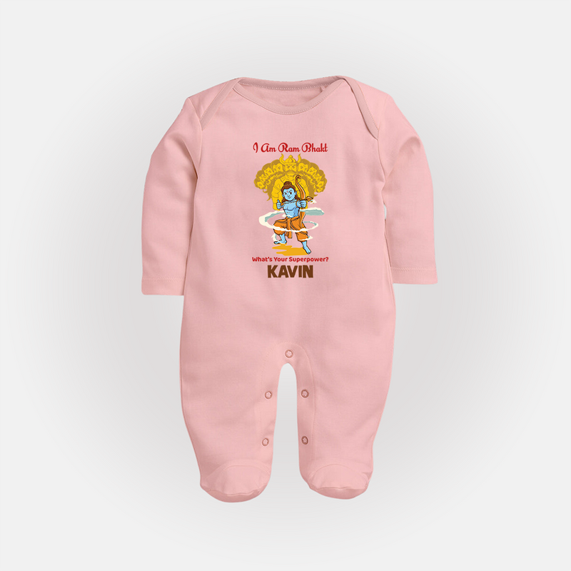I Am Ram Bhakt, What's Your Super Power Sleep Suit | Custom Sleep Suit for Ram Bhakt - BABY PINK - New Born (Chest 7.5")