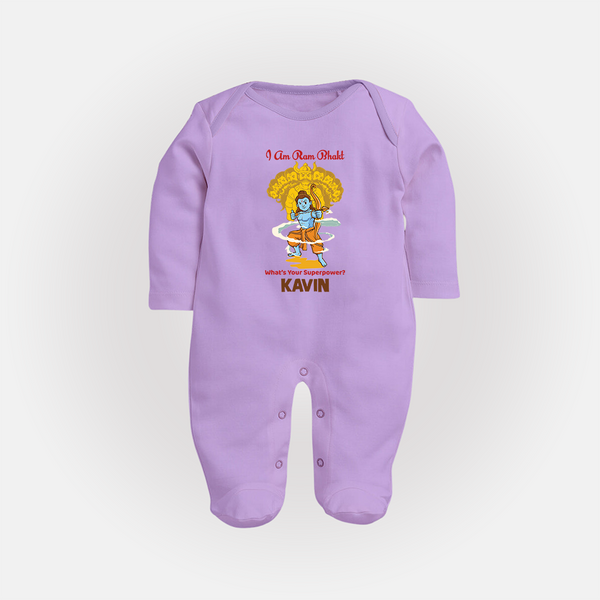 I Am Ram Bhakt, What's Your Super Power Sleep Suit | Custom Sleep Suit for Ram Bhakt - LILAC - New Born (Chest 7.5")