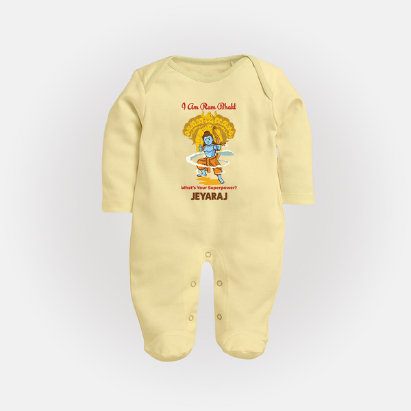 I Am Ram Bhakt – What’s Your Superpower? Kids Fullbody suit - PASTEL YELLOW - New Born (Chest 7.5")