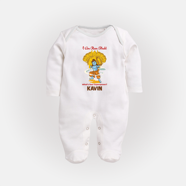 I Am Ram Bhakt, What's Your Super Power Sleep Suit | Custom Sleep Suit for Ram Bhakt - WHITE - New Born (Chest 7.5")