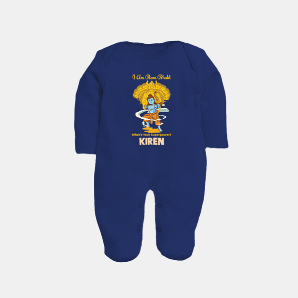 I Am Ram Bhakt, What's Your Super Power Sleep Suit | Custom Sleep Suit for Ram Bhakt - NAVY BLUE - New Born (Chest 7.5")