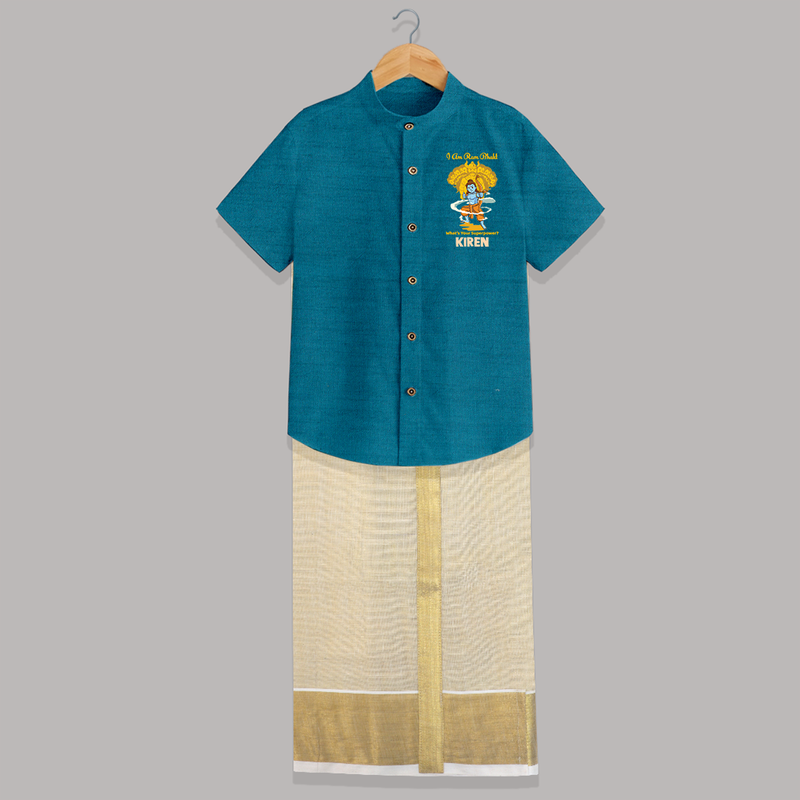 I Am Ram Bhakt, What's Your Super Power Shirt And Dhoti | Custom Shirt And Dhoti for Ram Bhakt - PEACOCK BLUE - 0 - 6 Months Old (Chest-23") (Dhoti length-14")