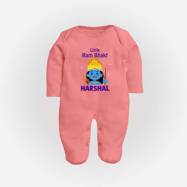 Little Ram Bhakt Sleep Suit | Personalized Sleep Suit for Your Little Ram Bhakt - PEACH - New Born (Chest 7.5")