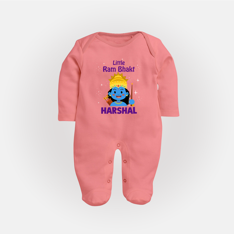 Little Ram Bhakt Sleep Suit | Personalized Sleep Suit for Your Little Ram Bhakt - PEACH - New Born (Chest 7.5")