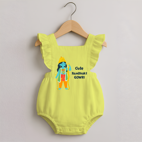 Cute Ram Bhakt Personalized Kids Romper Frock - PASTEL YELLOW - 0 - 3 Months Old (Chest 19")