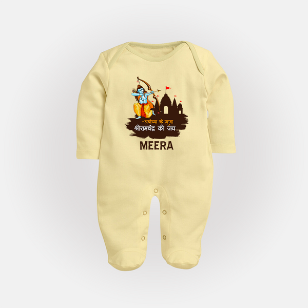 Victory to King Shri Ramachandra of Ayodhya Sleep Suit | Personalized Sleep Suit for Ram Bhakt - PASTEL YELLOW - New Born (Chest 7.5")