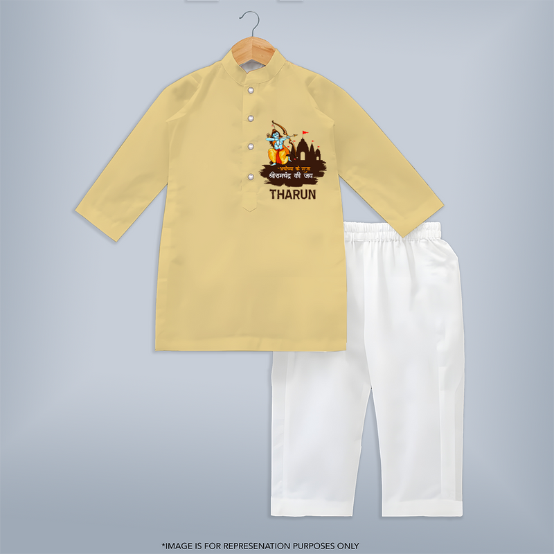 Victory to King Shri Ramachandra of Ayodhya Kurta Set | Personalized Kurta Set for Ram Bhakt - PASTEL YELLOW - 3 - 6 Months Old (Chest 24", Kurta Length 14'', Waist 19", Pant Length 14")