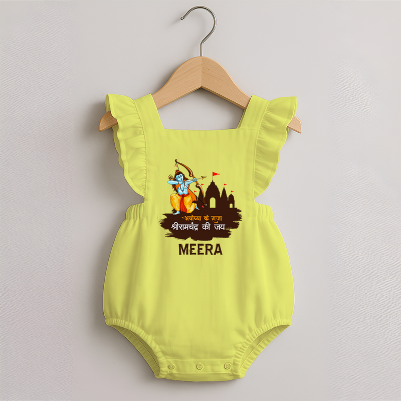 Victory to King Shri Ramachandra of Ayodhya Romper Frock | Personalized Romper Frock for Ram Bhakt - PASTEL YELLOW - 0 - 3 Months Old (Chest 19")