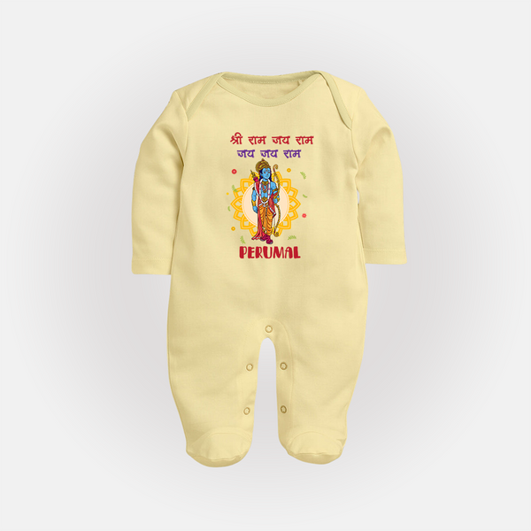 Shri Ram Jai Ram Jai Jai Ram Kids Fullbody suit - PASTEL YELLOW - New Born (Chest 7.5")
