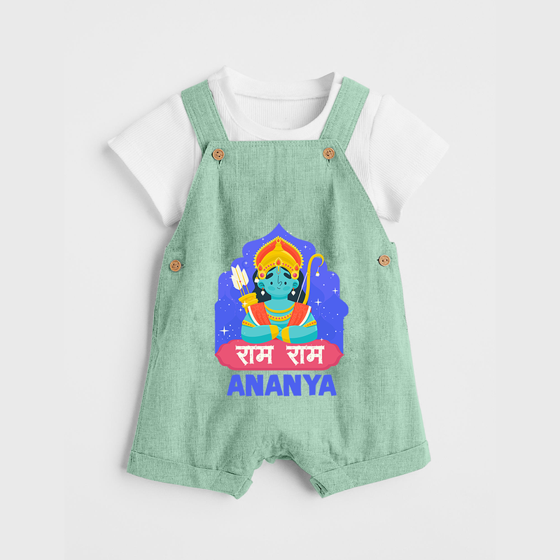 Ram Ram Dungaree set | Custom Dungaree set for Shri Ram Celebrations - MINT GREEN - 0 - 5 Months Old (Chest 18")