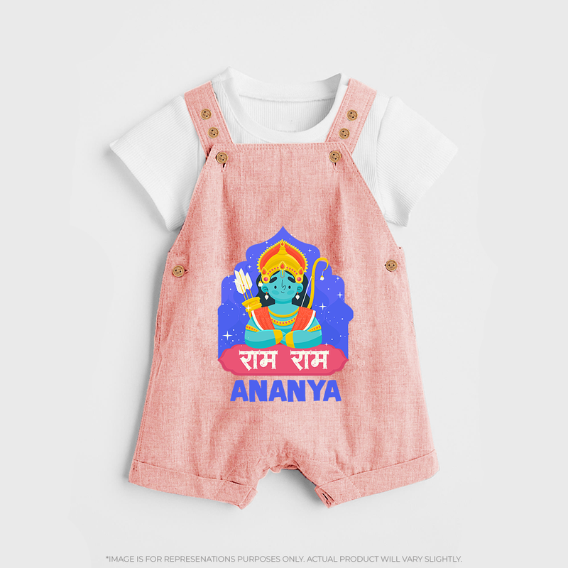 Ram Ram Dungaree set | Custom Dungaree set for Shri Ram Celebrations - PEACH - 0 - 5 Months Old (Chest 18")