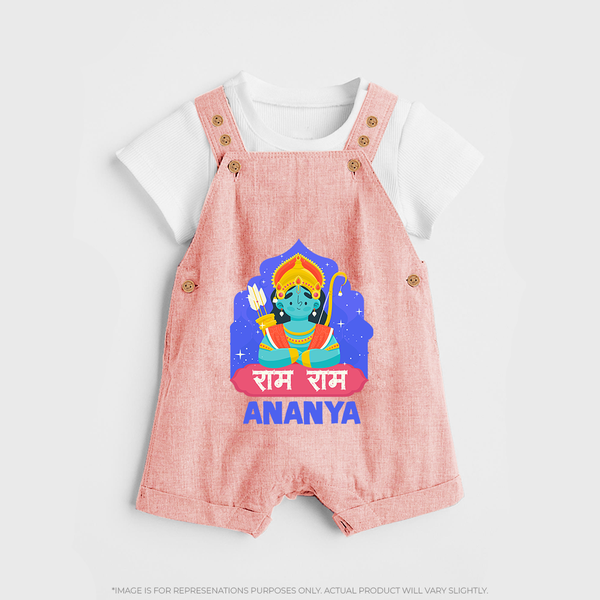 Ram Ram Dungaree set | Custom Dungaree set for Shri Ram Celebrations - PEACH - 0 - 5 Months Old (Chest 18")