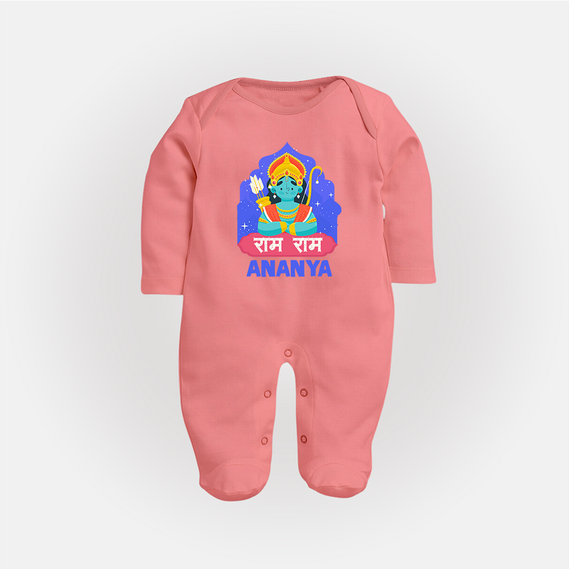 Ram Ram Sleep Suit | Custom Sleep Suit for Shri Ram Celebrations - PEACH - New Born (Chest 7.5")