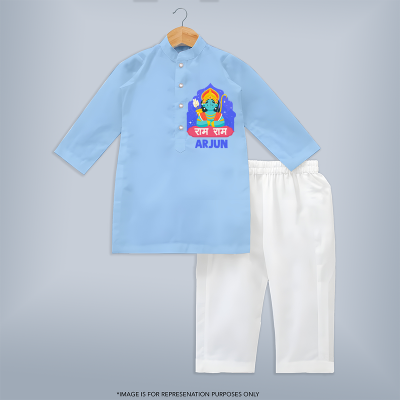 Ram Ram Kurta Set | Custom Kurta Set for Shri Ram Celebrations - BABY BLUE - 3 - 6 Months Old (Chest 24", Kurta Length 14'', Waist 19", Pant Length 14")
