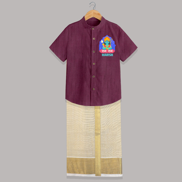 Ram Ram Shirt And Dhoti | Custom Shirt And Dhoti for Shri Ram Celebrations - WINE - 0 - 6 Months Old (Chest-23") (Dhoti length-14")