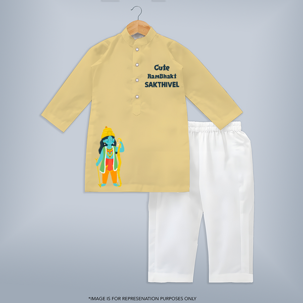 Cute Ram Bhakt – Personalized Kids Kurta Set - PASTEL YELLOW - 3 - 6 Months Old (Chest 24", Kurta Length 14'', Waist 19", Pant Length 14")