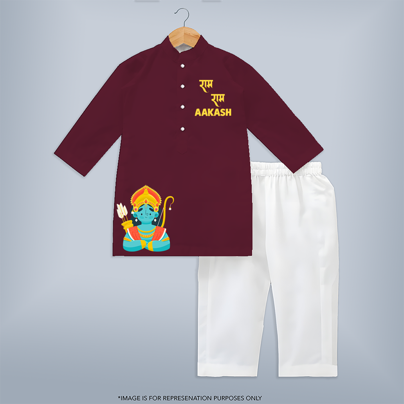 Ram Ram - Customized Ram themed Kurta For Kids With Name - MAROON - 3 - 6 Months Old (Chest 24", Kurta Length 14'', Waist 19", Pant Length 14")