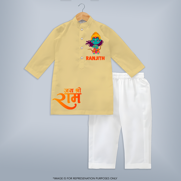 Jai Shree Ram Bow & Arrow Kurta Set | Custom Baby Kurta Set with Ram's Symbol of Strength - PASTEL YELLOW - 3 - 6 Months Old (Chest 24", Kurta Length 14'', Waist 19", Pant Length 14")