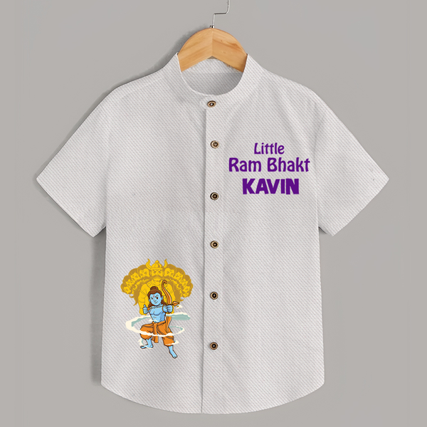 Little Ram Bhakt - Customized Ram themed Casual Shirt For Kids With Name - WHITE - 0 - 6 Months Old (Chest 23")