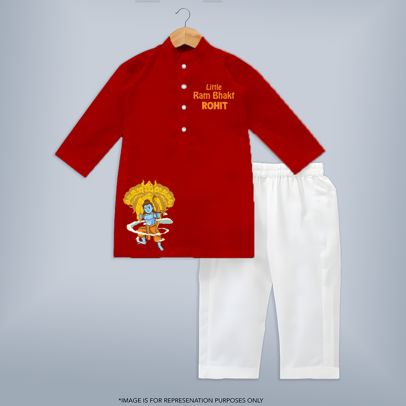 Little Ram Bhakt - Customized Kurta For Kids With Name - RED - 3 - 6 Months Old (Chest 24", Kurta Length 14'', Waist 19", Pant Length 14")