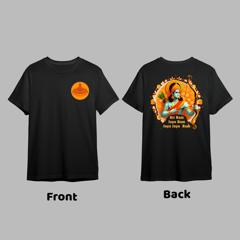 Lord Ram Ð The King of Righteousness Front and Back Printed T-Shirt for Adults - BLACK - S (Chest 19")