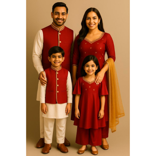 Family wearing coordinated crimson red and cream raw silk ethnic outfits — father, mother, son, and daughter in matching traditional attire.