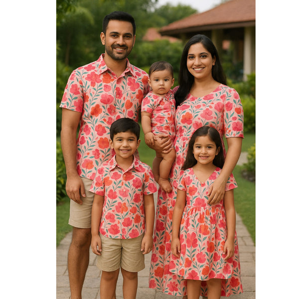 Red Blossom Family Outfit Set – coordinated red floral outfits for dad, mom, boy, girl, and baby"