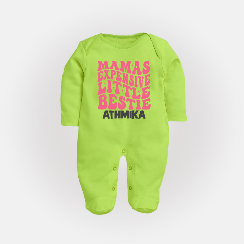 Mama's Expensive Little Bestie Sleep Suit / Full Sleeve Body Suit | Custom Name Baby Sleep Suit / Full Sleeve Body Suit for Mama's Darling - LIME GREEN - New Born (Chest 7.5")