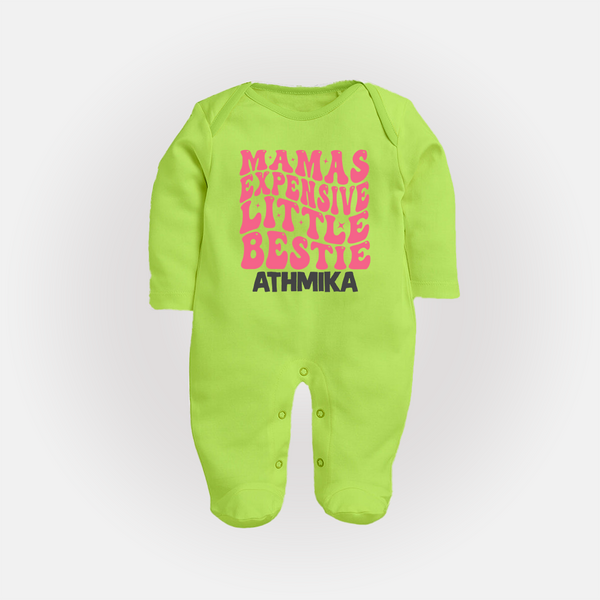 Mama's Expensive Little Bestie Sleep Suit / Full Sleeve Body Suit | Custom Name Baby Sleep Suit / Full Sleeve Body Suit for Mama's Darling - LIME GREEN - New Born (Chest 7.5")
