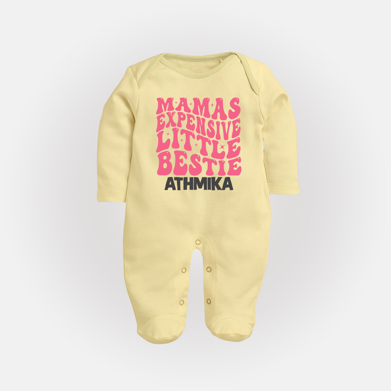 Mama's Expensive Little Bestie Sleep Suit / Full Sleeve Body Suit | Custom Name Baby Sleep Suit / Full Sleeve Body Suit for Mama's Darling - PASTEL YELLOW - New Born (Chest 7.5")