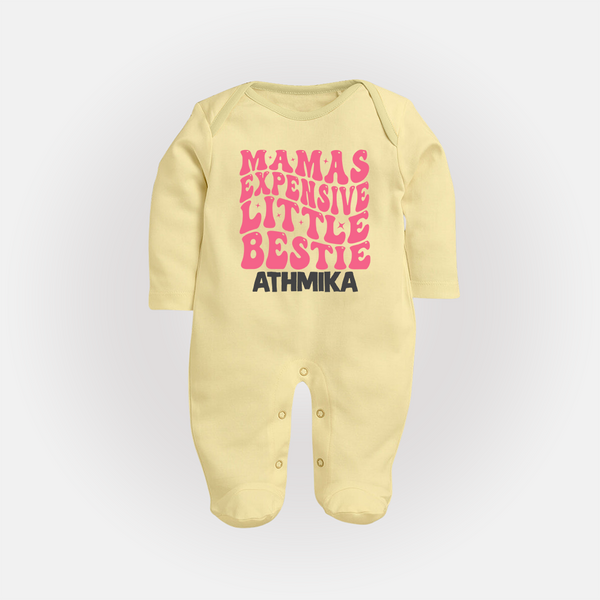 Mama's Expensive Little Bestie Sleep Suit / Full Sleeve Body Suit | Custom Name Baby Sleep Suit / Full Sleeve Body Suit for Mama's Darling - PASTEL YELLOW - New Born (Chest 7.5")
