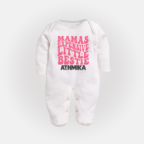 Mama's Expensive Little Bestie Sleep Suit / Full Sleeve Body Suit | Custom Name Baby Sleep Suit / Full Sleeve Body Suit for Mama's Darling - WHITE - New Born (Chest 7.5")