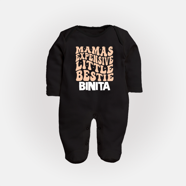 Mama's Expensive Little Bestie Sleep Suit / Full Sleeve Body Suit | Custom Name Baby Sleep Suit / Full Sleeve Body Suit for Mama's Darling - BLACK - New Born (Chest 7.5")