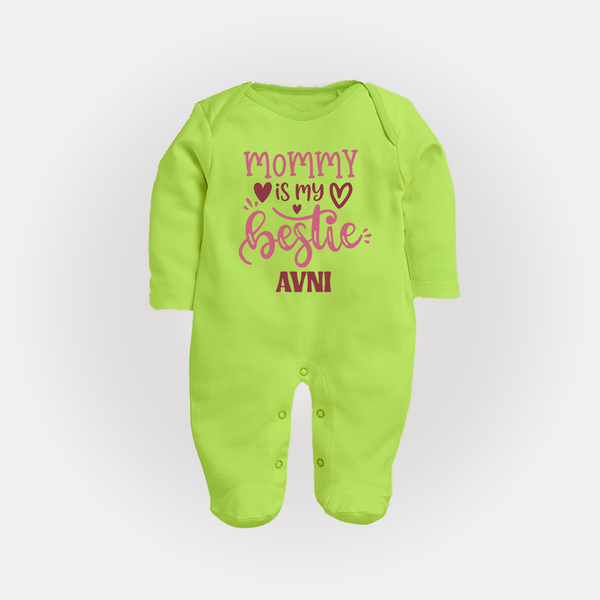 Mommy Is My Bestie Sleep Suit / Full Sleeve Body Suit | Personalized Baby Outfit for Mommy's Bestie - LIME GREEN - New Born (Chest 7.5")