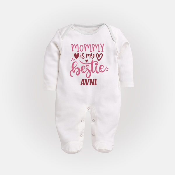 Mommy Is My Bestie Sleep Suit / Full Sleeve Body Suit | Personalized Baby Outfit for Mommy's Bestie - WHITE - New Born (Chest 7.5")