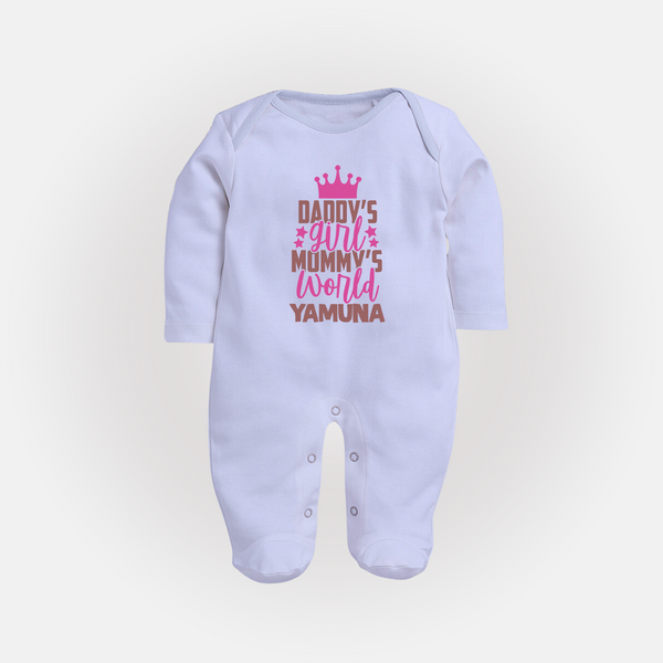 Daddy's Girl Mommy's World Sleep Suit / Full Sleeve Body Suit | Personalized Baby Sleep Suit / Full Sleeve Body Suit for Daddy's Girl - BABY BLUE - New Born (Chest 7.5")