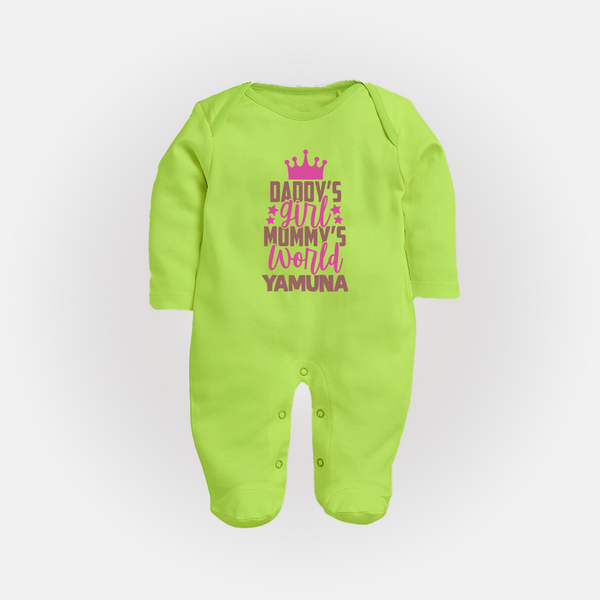 Daddy's Girl Mommy's World Sleep Suit / Full Sleeve Body Suit | Personalized Baby Sleep Suit / Full Sleeve Body Suit for Daddy's Girl - LIME GREEN - New Born (Chest 7.5")