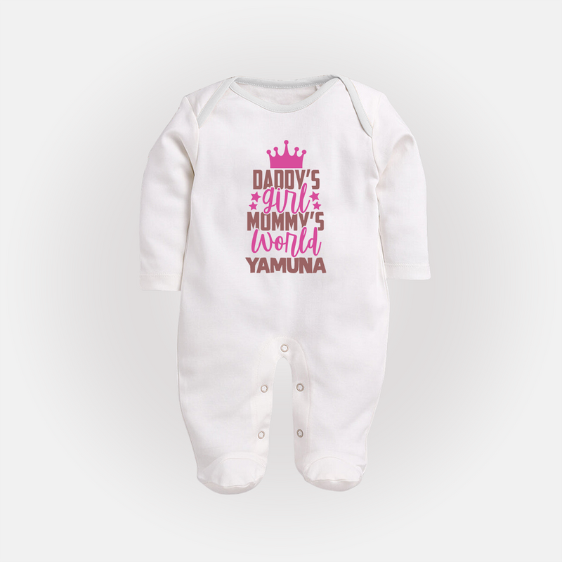 Daddy's Girl Mommy's World Sleep Suit / Full Sleeve Body Suit | Personalized Baby Sleep Suit / Full Sleeve Body Suit for Daddy's Girl - WHITE - New Born (Chest 7.5")