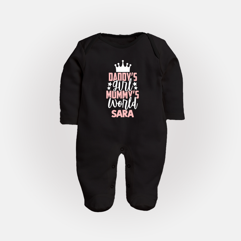 Daddy's Girl Mommy's World Sleep Suit / Full Sleeve Body Suit | Personalized Baby Sleep Suit / Full Sleeve Body Suit for Daddy's Girl - BLACK - New Born (Chest 7.5")
