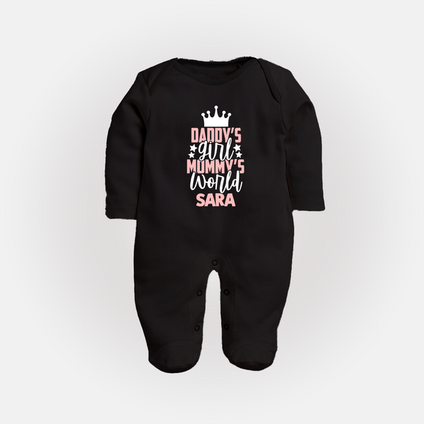 Daddy's Girl Mommy's World Sleep Suit / Full Sleeve Body Suit | Personalized Baby Sleep Suit / Full Sleeve Body Suit for Daddy's Girl - BLACK - New Born (Chest 7.5")