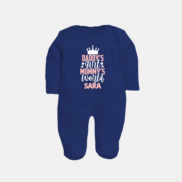 Daddy's Girl Mommy's World Sleep Suit / Full Sleeve Body Suit | Personalized Baby Sleep Suit / Full Sleeve Body Suit for Daddy's Girl - NAVY BLUE - New Born (Chest 7.5")