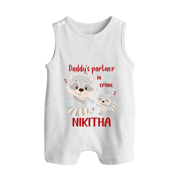 Daddy's Partner in Crime Romper Suit / Sleeveless Romper | Custom Name Baby Romper Suit / Sleeveless Romper for Daddy's Partner - WHITE - 0 - 5 Months Old (Chest 18")