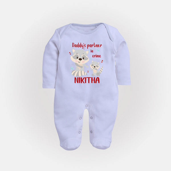 Daddy's Partner in Crime Sleep Suit / Full Sleeve Body Suit | Custom Name Baby Sleep Suit / Full Sleeve Body Suit for Daddy's Partner - BABY BLUE - New Born (Chest 7.5")