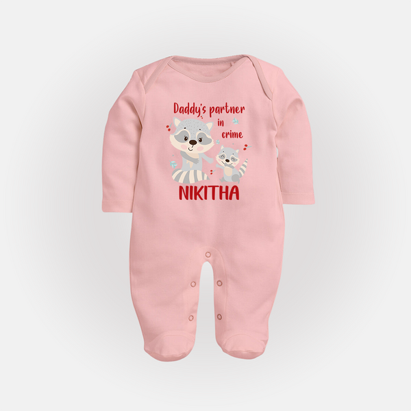 Daddy's Partner in Crime Sleep Suit / Full Sleeve Body Suit | Custom Name Baby Sleep Suit / Full Sleeve Body Suit for Daddy's Partner - BABY PINK - New Born (Chest 7.5")