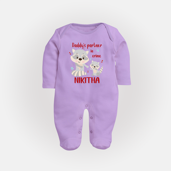 Daddy's Partner in Crime Sleep Suit / Full Sleeve Body Suit | Custom Name Baby Sleep Suit / Full Sleeve Body Suit for Daddy's Partner - LILAC - New Born (Chest 7.5")
