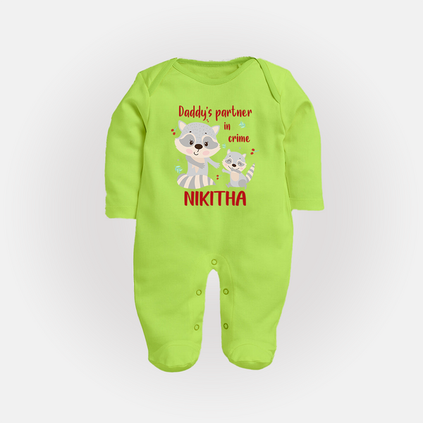 Daddy's Partner in Crime Sleep Suit / Full Sleeve Body Suit | Custom Name Baby Sleep Suit / Full Sleeve Body Suit for Daddy's Partner - LIME GREEN - New Born (Chest 7.5")