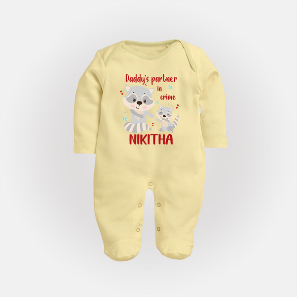 Daddy's Partner in Crime Sleep Suit / Full Sleeve Body Suit | Custom Name Baby Sleep Suit / Full Sleeve Body Suit for Daddy's Partner - PASTEL YELLOW - New Born (Chest 7.5")
