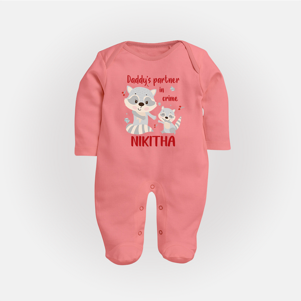 Daddy's Partner in Crime Sleep Suit / Full Sleeve Body Suit | Custom Name Baby Sleep Suit / Full Sleeve Body Suit for Daddy's Partner - PEACH - New Born (Chest 7.5")