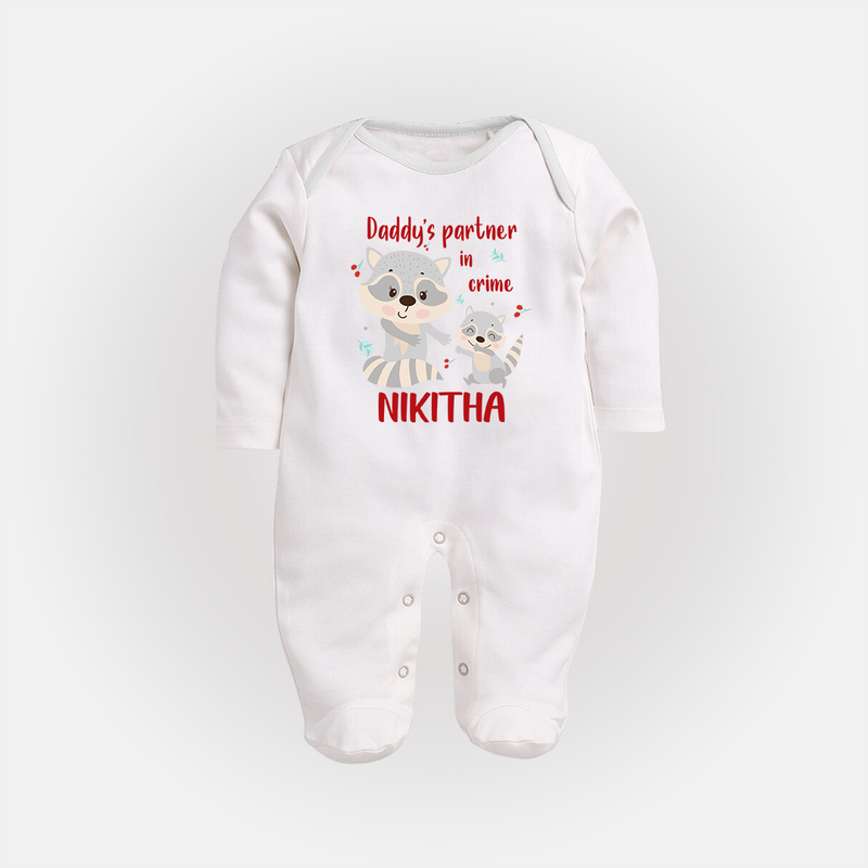 Daddy's Partner in Crime Sleep Suit / Full Sleeve Body Suit | Custom Name Baby Sleep Suit / Full Sleeve Body Suit for Daddy's Partner - WHITE - New Born (Chest 7.5")