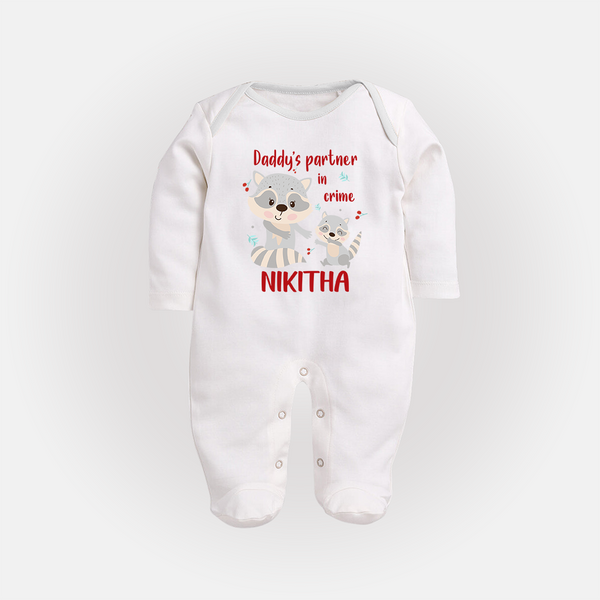 Daddy's Partner in Crime Sleep Suit / Full Sleeve Body Suit | Custom Name Baby Sleep Suit / Full Sleeve Body Suit for Daddy's Partner - WHITE - New Born (Chest 7.5")